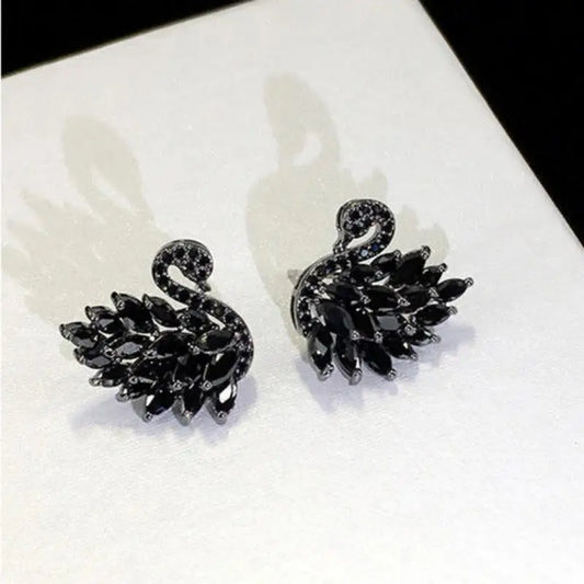 Elegant Rhinestone Black Swan Earrings For Women Korean Fashion Zircon Swan Bird Animal Earrings Lady Party Jewelry Girls Gifts