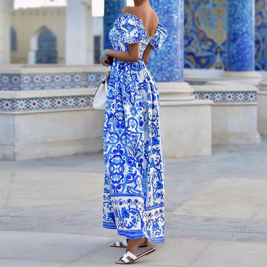 Vestido largo bohemio de verano con estampado de bambú, plisado, sin espalda, con hombros descubiertos y mangas abullonadas para fiesta 