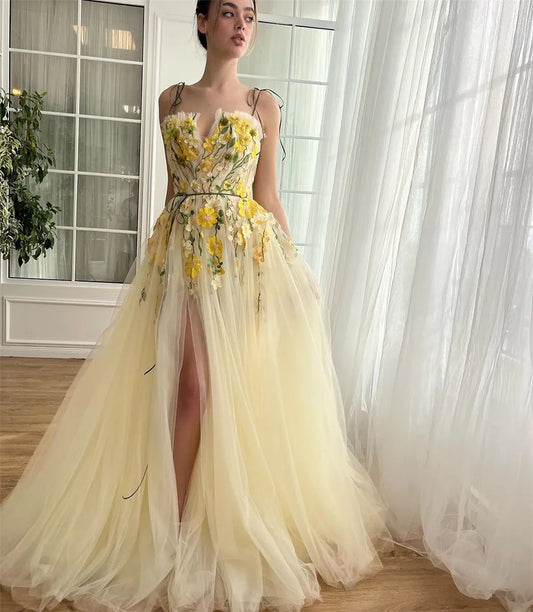 Vestido de fiesta de tul amarillo de hadas personalizado Sevintage, corte A, tirantes finos, escote corazón, flores 3D, vestidos de bienvenida 