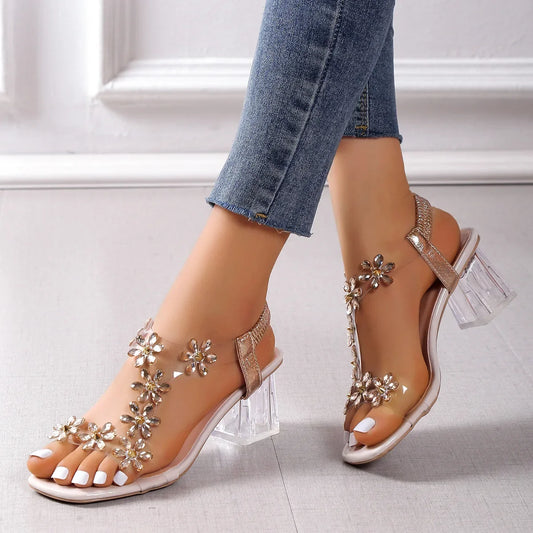 Sandalias de PVC con flores de cristal para mujer, zapatos de tacón grueso con tiras traseras, 2024 