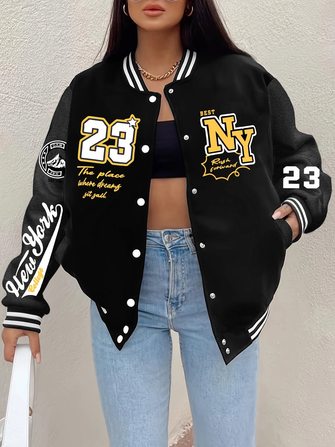 Chaqueta con estampado de la letra 23 de Nueva York para mujer, jersey de béisbol de forro polar Harajuku, botones, ropa de calle con personalidad, ropa holgada vintage 