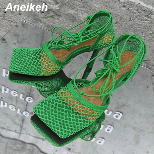 Aneikeh 2025 - Sandalias de malla sexys de verano para mujer, con punta cuadrada, tacón alto, cordones cruzados, zapatos de fiesta con tacón de aguja calado 