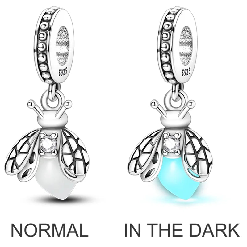 2025 Hot Sale Charms Bead 925 Sterling Silver Pink Butterfly Luminous Firefly Dangle Fit Bangle Bracelet Necklace DIY Jewelry