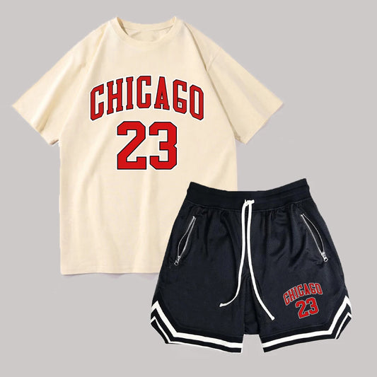 Conjunto de camiseta de manga corta con estampado de letras para hombre, pantalones cortos con cordón en la cintura, traje deportivo informal de verano para correr en tallas grandes.