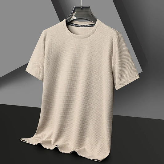 Polo de manga corta. Polo liso tipo gofre de manga corta con cuello redondo para hombre, camiseta de algodón de manga corta para uso diario.