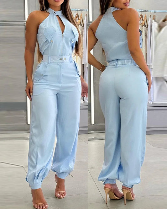 Conjunto de 2 piezas de verano para mujer, elegante top sin mangas con cuello alto y bolsillos cargo, y pantalones largos informales con puños para oficina. 