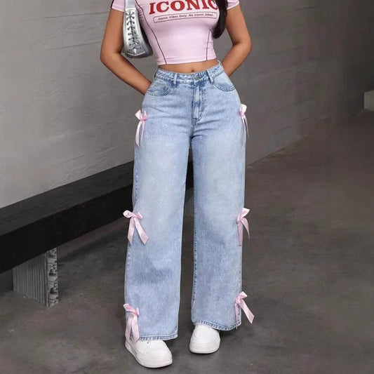Pantalones vaqueros de pierna ancha para mujer, lavados con lazo, cintura alta, estilo urbano, desgastados, vintage, rectos, hasta los tobillos, 2025 