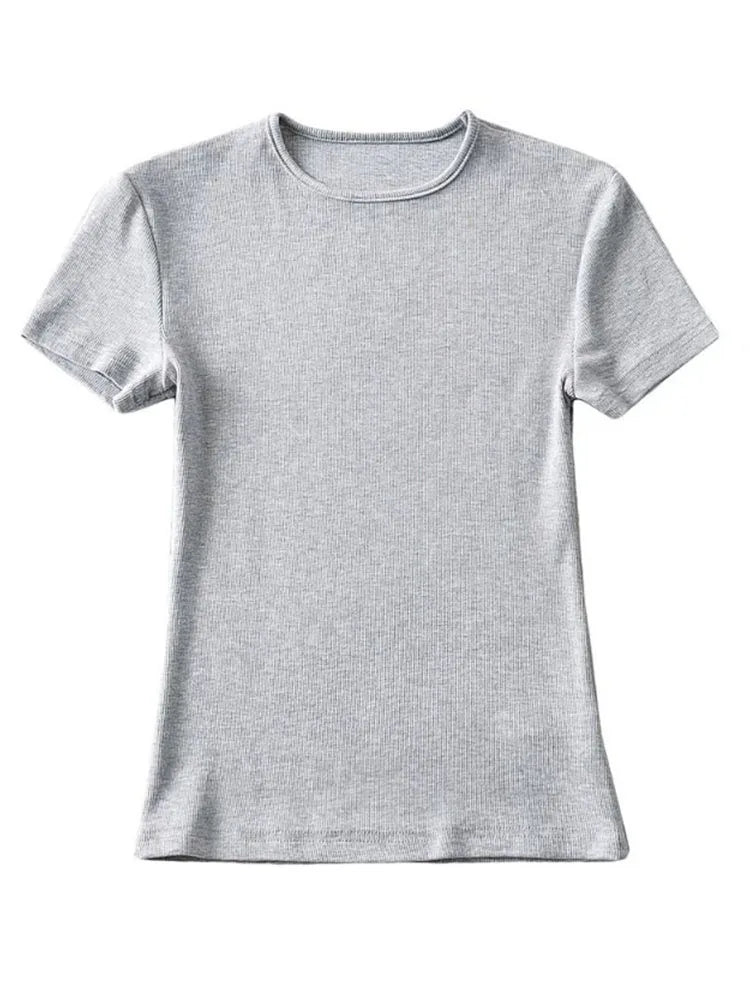 Camiseta informal de verano para mujer, ajustada, de manga corta, con cuello redondo, básica, lisa, corta 