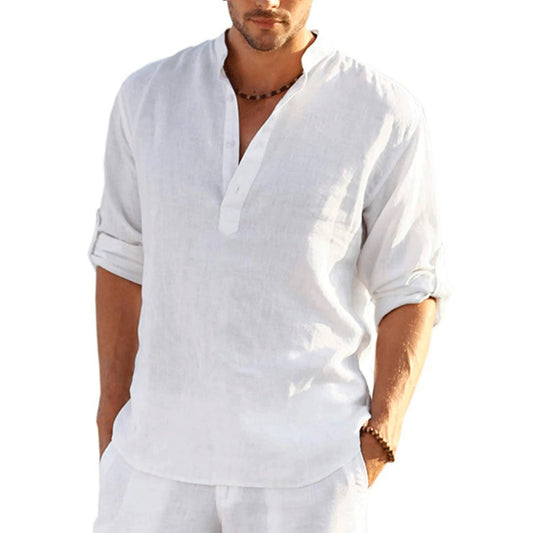 Camisas casuales, camisas holgadas de algodón para hombre, camisetas de manga larga de color sólido con cuello alto de moda, blusas elegantes de corte ajustado 