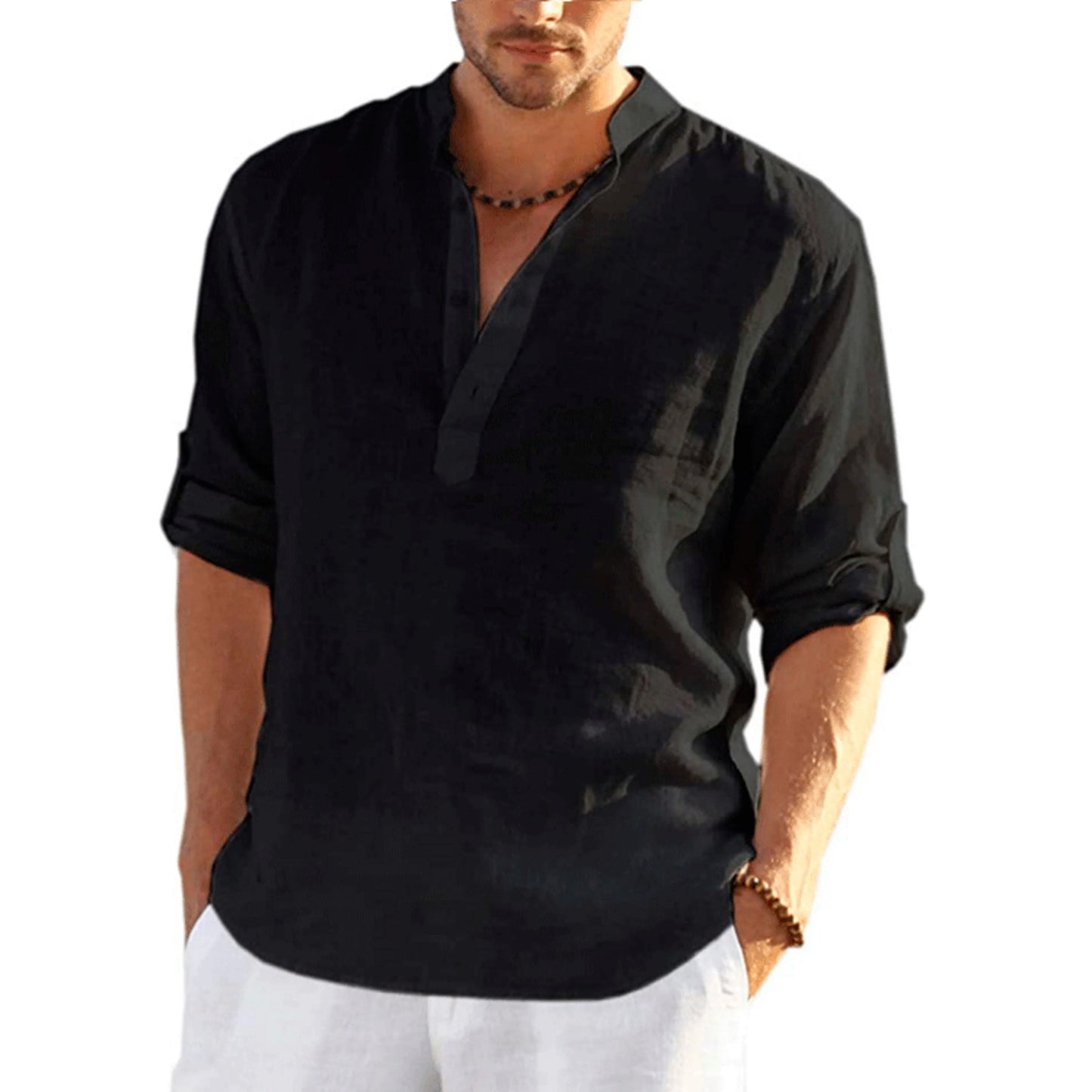 Camisas casuales, camisas holgadas de algodón para hombre, camisetas de manga larga de color sólido con cuello alto de moda, blusas elegantes de corte ajustado 