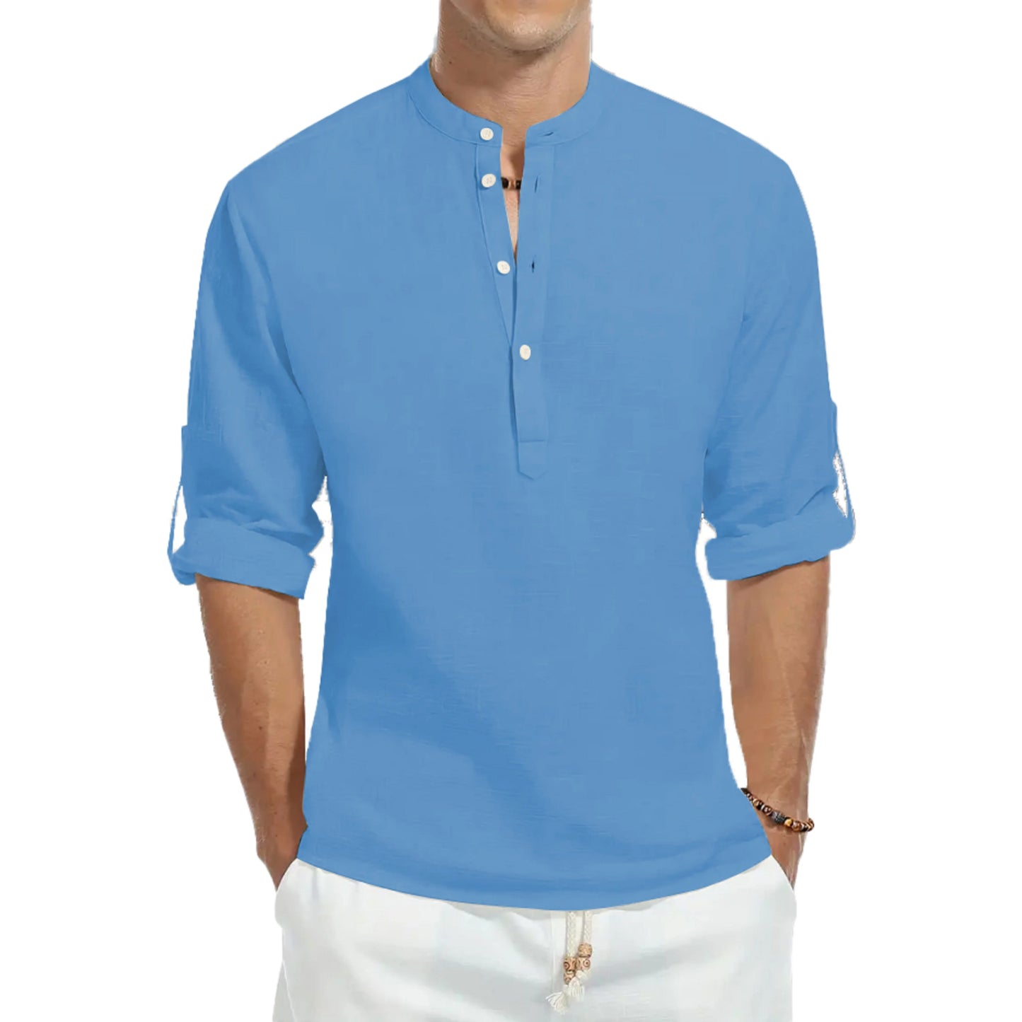 Camisas casuales, camisas holgadas de algodón para hombre, camisetas de manga larga de color sólido con cuello alto de moda, blusas elegantes de corte ajustado 