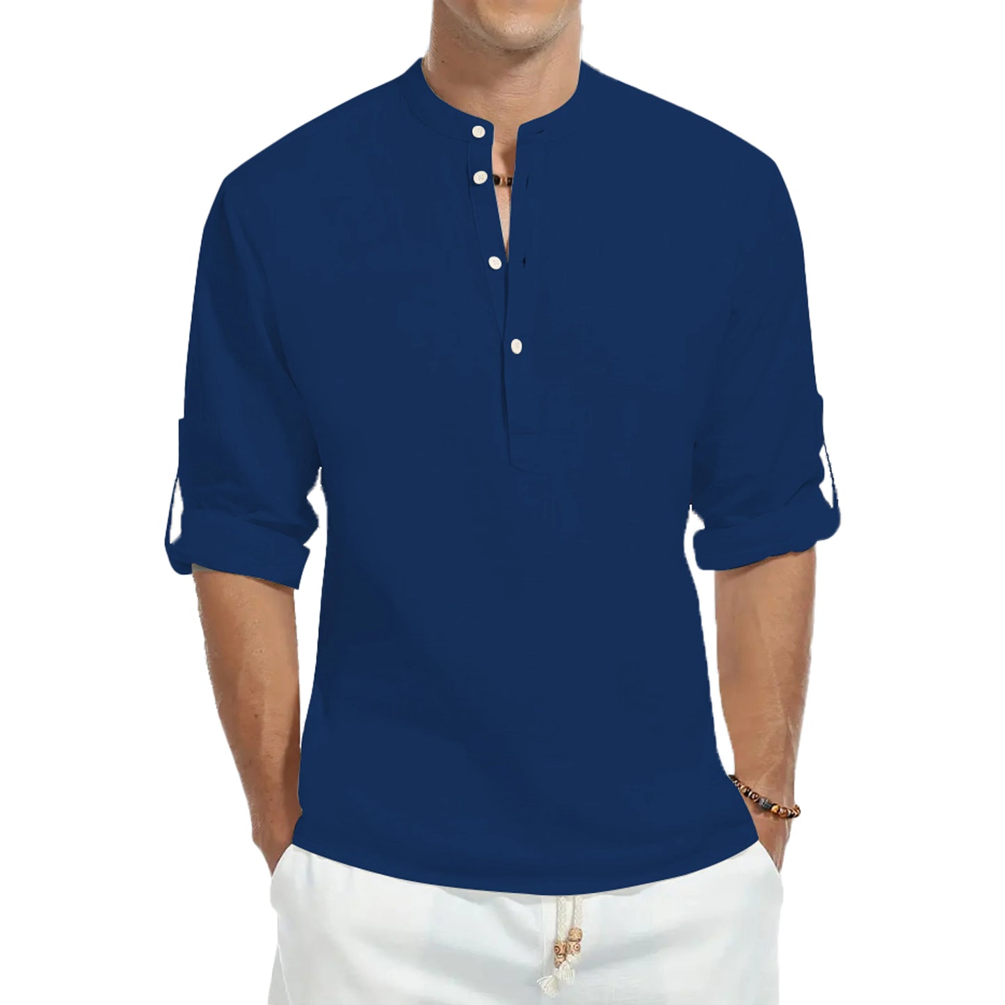 Camisas casuales, camisas holgadas de algodón para hombre, camisetas de manga larga de color sólido con cuello alto de moda, blusas elegantes de corte ajustado 