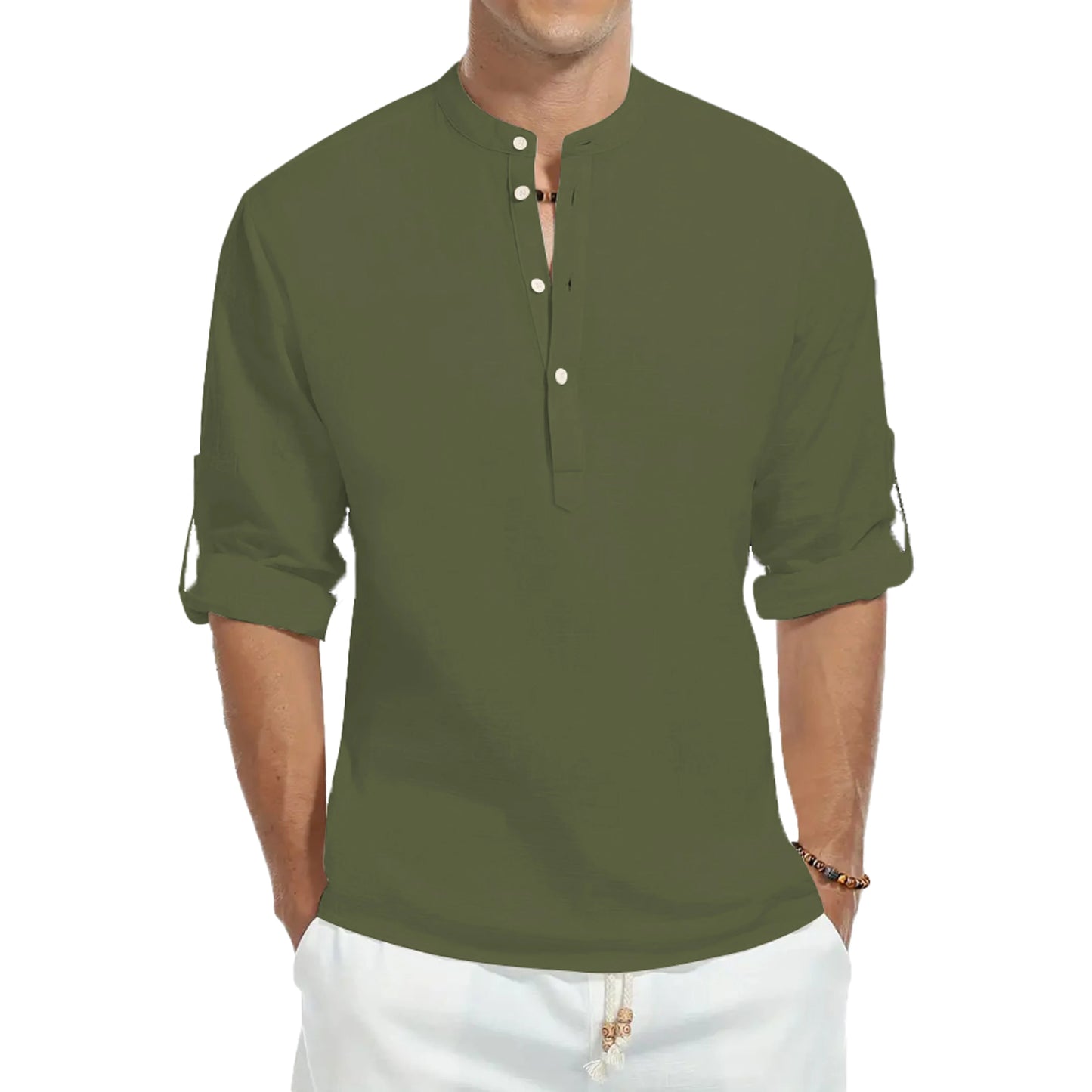 Camisas casuales, camisas holgadas de algodón para hombre, camisetas de manga larga de color sólido con cuello alto de moda, blusas elegantes de corte ajustado 