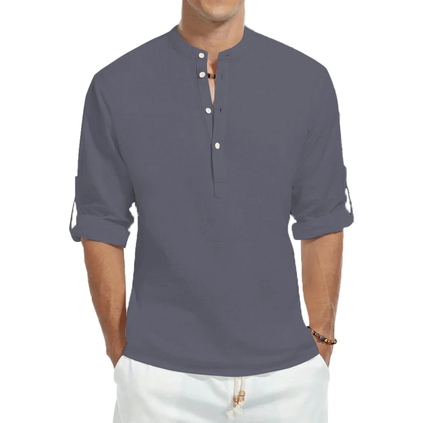 Camisas casuales, camisas holgadas de algodón para hombre, camisetas de manga larga de color sólido con cuello alto de moda, blusas elegantes de corte ajustado 