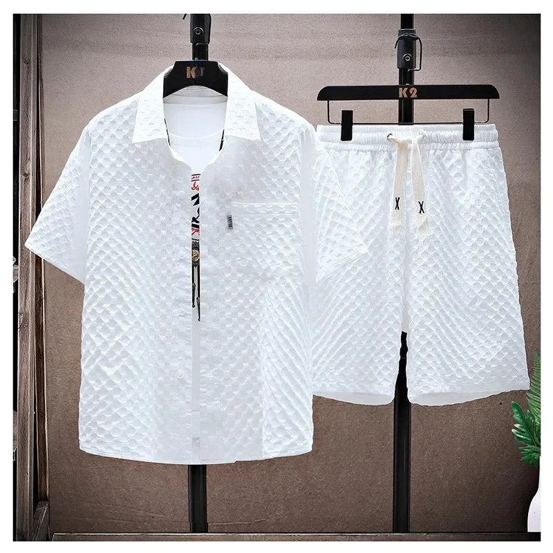 Conjunto deportivo informal de dos piezas, fino y de seda helada, para verano de 2024, para hombre, con camiseta de manga corta y pantalones cortos. 