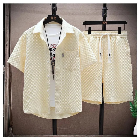 Conjunto deportivo informal de dos piezas, fino y de seda helada, para verano de 2024, para hombre, con camiseta de manga corta y pantalones cortos. 