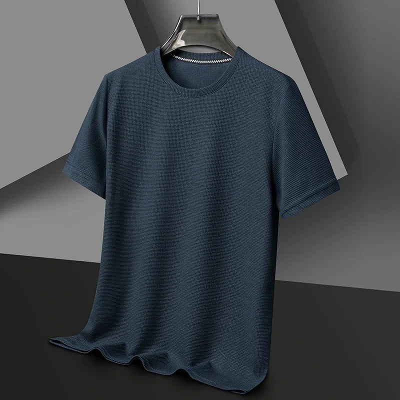 Polo de manga corta. Polo liso tipo gofre de manga corta con cuello redondo para hombre, camiseta de algodón de manga corta para uso diario.