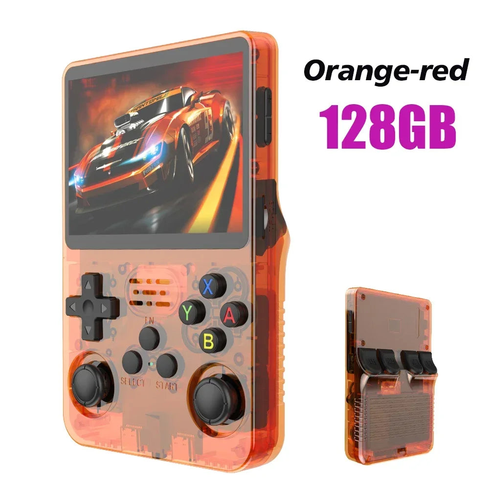 Consola de videojuegos R36S de código abierto de 128 GB, sistema Linux, pantalla IPS de 3,5 pulgadas, reproductor de vídeo portátil de bolsillo naranja, 64 GB, los mejores juegos 