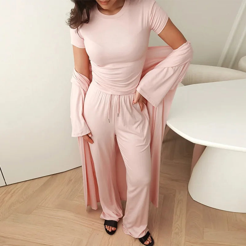 Conjunto de camisa informal, abrigo y pantalón para mujer, camisa lisa con cuello redondo, abrigo largo holgado y pantalones de pierna ancha, moda de verano 2025 para mujer, conjunto de 3 piezas 