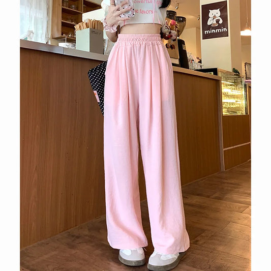 Pantalones de seda helada de colores dulces para mujer, holgados, versátiles, elásticos, de pierna recta, de cintura alta y pierna ancha, para verano 