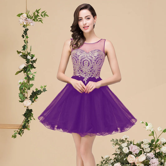 BABYONLINE Vestido de fiesta azul real con escote corazón, apliques de encaje dorado y cuentas | Vestido de fiesta corto de tul fluido para fiesta de graduación 