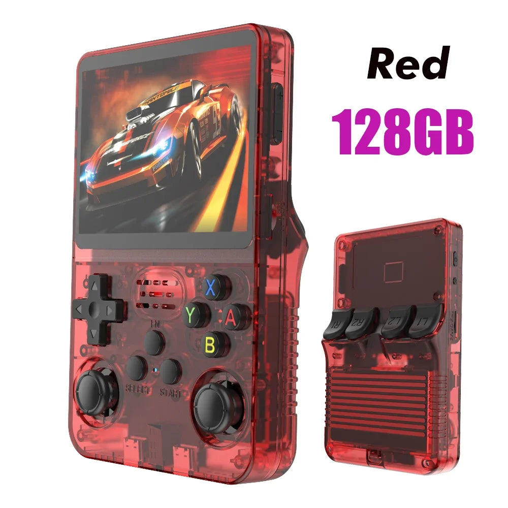 Consola de videojuegos R36S de código abierto de 128 GB, sistema Linux, pantalla IPS de 3,5 pulgadas, reproductor de vídeo portátil de bolsillo naranja, 64 GB, los mejores juegos 