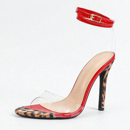 Liyke - Sandalias de tacón alto con estampado de leopardo, transparentes, de charol rojo, con tiras en el tobillo, para mujer, para fiesta, stripper, talla 43 