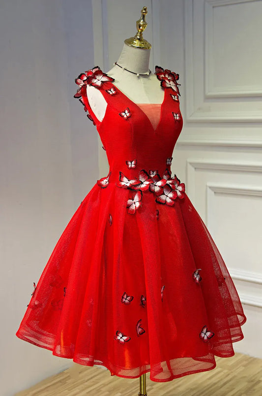 BOMARIS Vestido corto de tul con escote en V azul para fiesta de graduación, diseño único de mariposas en 3D, minivestido de fiesta de graduación de octavo grado, personalizado 