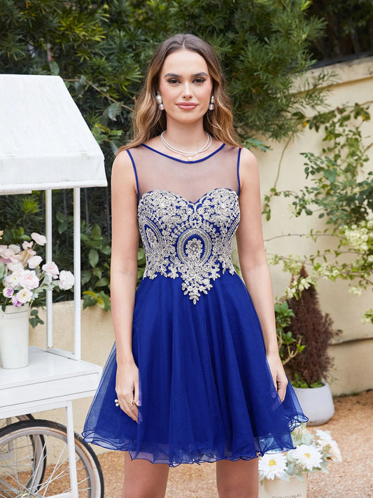 BABYONLINE Vestido de fiesta azul real con escote corazón, apliques de encaje dorado y cuentas | Vestido de fiesta corto de tul fluido para fiesta de graduación 