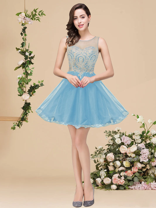 BABYONLINE Vestido de fiesta azul real con escote corazón, apliques de encaje dorado y cuentas | Vestido de fiesta corto de tul fluido para fiesta de graduación 