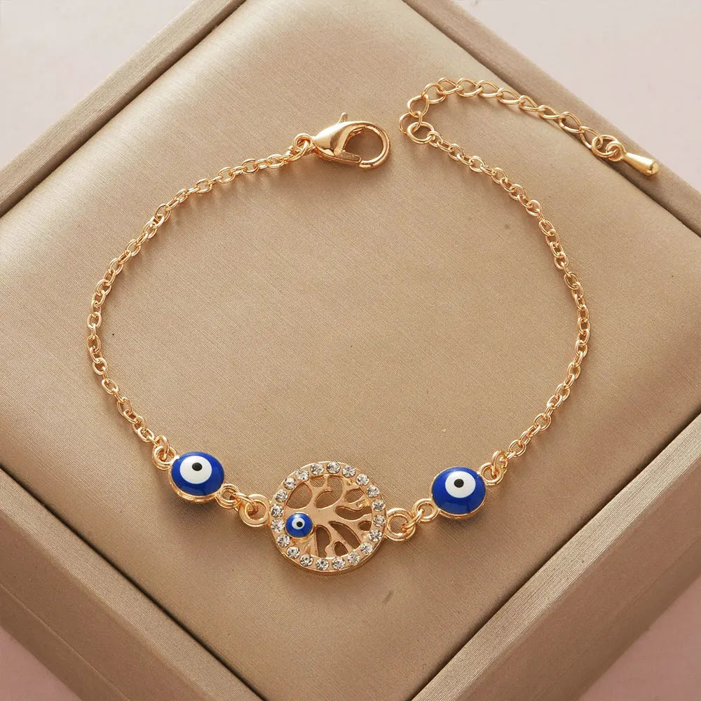YILUOCD Bohemian Ovaly Blue Evil Eye Bracelet For Women 18k Gold Plating Tree of Life Chain Bracelets New Prayer Jewelry