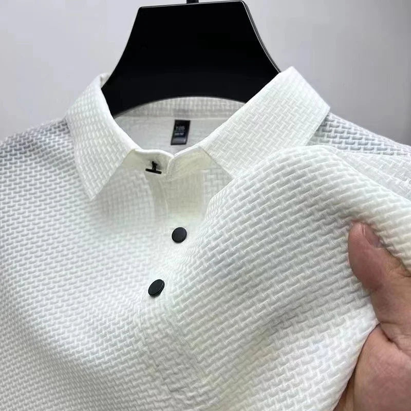 Nueva camisa POLO informal de negocios de manga corta con estampado de hueso y flores de color liso para hombre, a la moda, transpirable, cómoda y versátil para verano. 