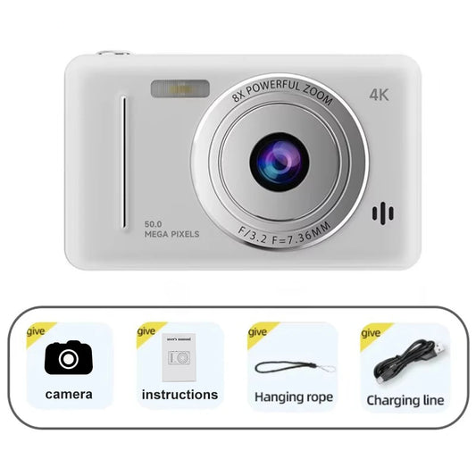 Cámara digital 4K de 50 MP HD para fotografía, viajes, selfies, para niños, con zoom 8x, videocámara compacta, cámara pequeña de bolsillo para estudiantes. 
