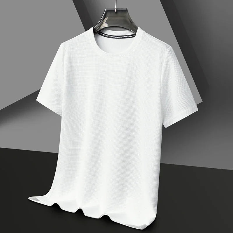 Polo de manga corta. Polo liso tipo gofre de manga corta con cuello redondo para hombre, camiseta de algodón de manga corta para uso diario.