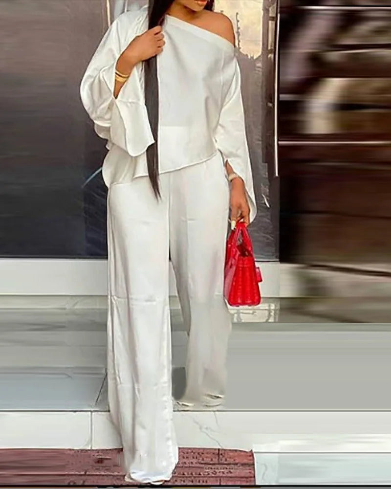 Conjunto de dos piezas de pantalones anchos para mujer, camisa y pantalón con hombros descubiertos, traje informal holgado liso para otoño e invierno. 