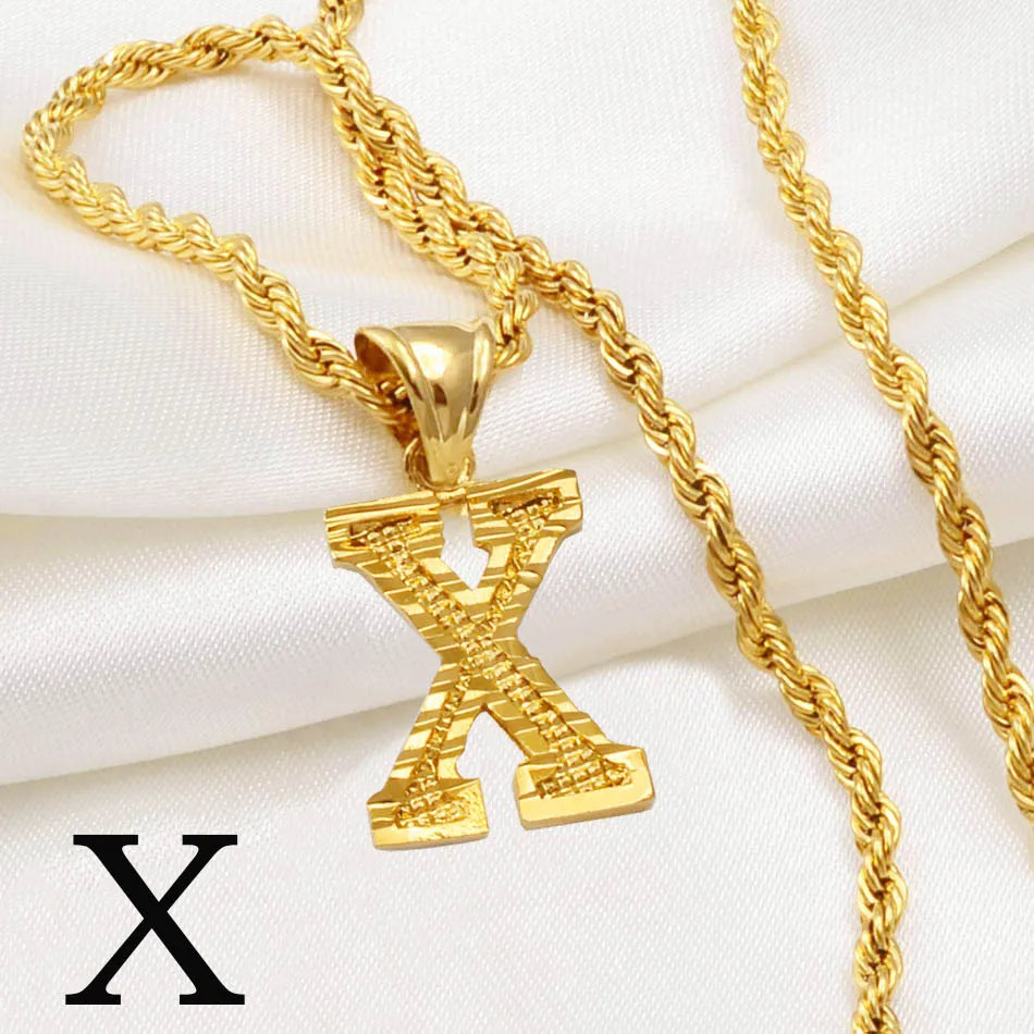 Anniyo A-Z Letters Necklaces Women Men Gold Plated Initial Pendant Rope Chain English Letter Jewelry Alphabet African #058002B
