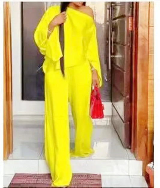 Conjunto de dos piezas de pantalones anchos para mujer, camisa y pantalón con hombros descubiertos, traje informal holgado liso para otoño e invierno. 