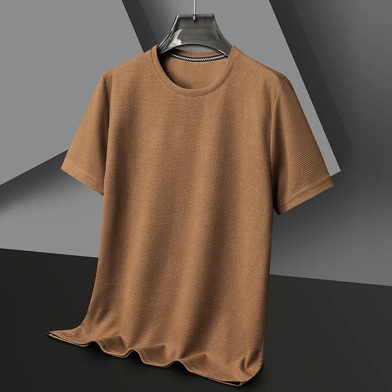 Polo de manga corta. Polo liso tipo gofre de manga corta con cuello redondo para hombre, camiseta de algodón de manga corta para uso diario.