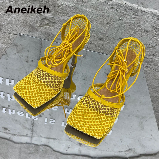 Aneikeh 2025 - Sandalias de malla sexys de verano para mujer, con punta cuadrada, tacón alto, cordones cruzados, zapatos de fiesta con tacón de aguja calado 