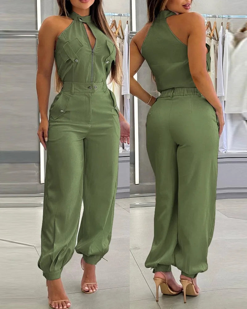 Conjunto de 2 piezas de verano para mujer, elegante top sin mangas con cuello alto y bolsillos cargo, y pantalones largos informales con puños para oficina. 