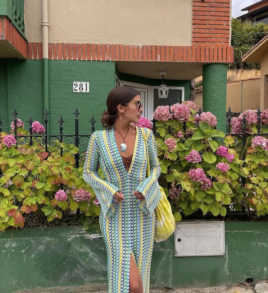 Vestido largo de crochet con rayas de colores para mujer, con mangas acampanadas, escote en V, abertura alta, sexy, para banquetes de playa y otoño 2023 