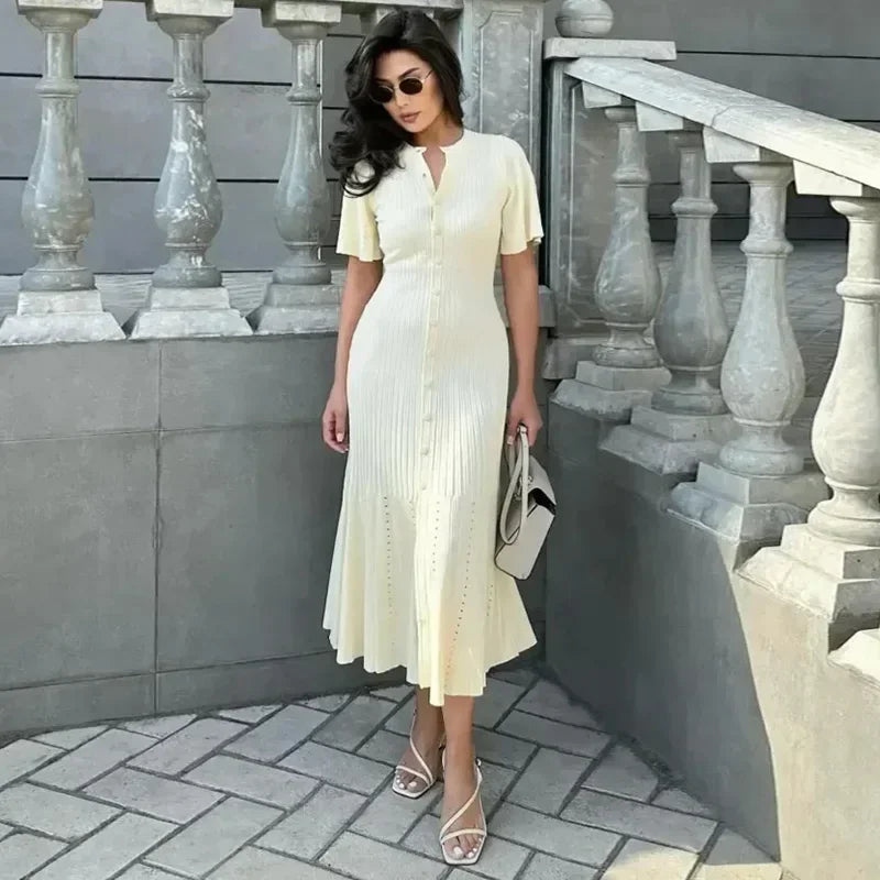 Vestido largo elegante de punto con patchwork para mujer, elegante vestido largo de manga corta con aberturas y canalé, cuello redondo, cintura alta, tejido de punto para mujer 