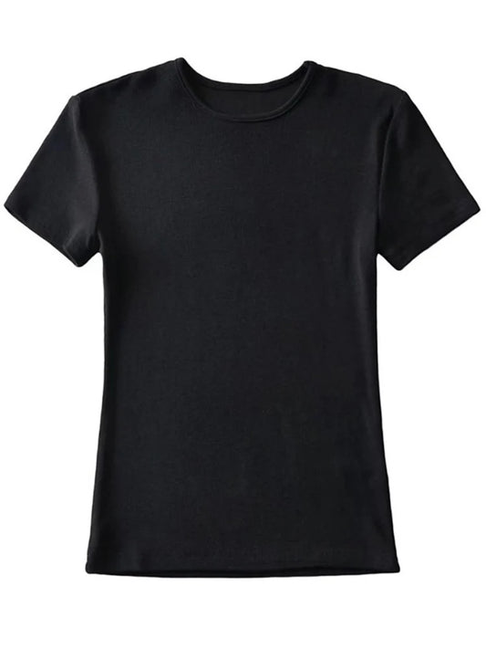 Camiseta informal de verano para mujer, ajustada, de manga corta, con cuello redondo, básica, lisa, corta 