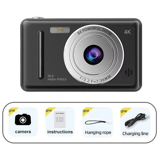 Cámara digital 4K de 50 MP HD para fotografía, viajes, selfies, para niños, con zoom 8x, videocámara compacta, cámara pequeña de bolsillo para estudiantes. 