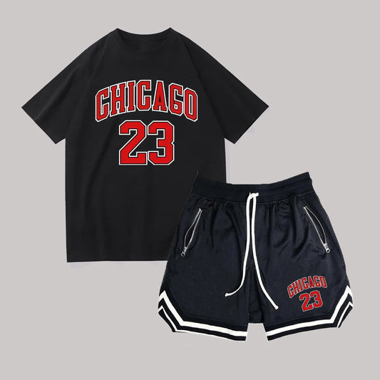 Conjunto de camiseta de manga corta con estampado de letras para hombre, pantalones cortos con cordón en la cintura, traje deportivo informal de verano para correr en tallas grandes.