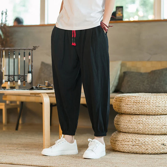 Pantalones de algodón y cáñamo para hombre, holgados, con cordón ajustable, estilo harén, estilo japonés, primavera y otoño, tallas M-5XL, 2024 