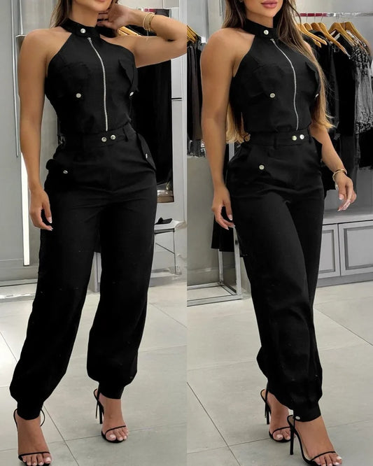 Conjunto de 2 piezas de verano para mujer, elegante top sin mangas con cuello alto y bolsillos cargo, y pantalones largos informales con puños para oficina. 