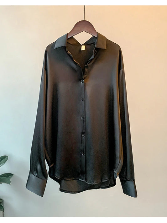 Blusa de manga larga para mujer, estilo oficina, otoño 2023, de satén, elegante, estilo coreano, de diseñador de lujo. 
