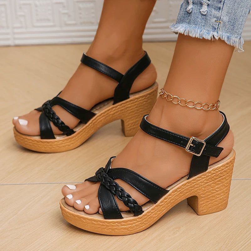Sandalias de tacón alto trenzadas para mujer, sandalias de gladiador con plataforma gruesa y tiras en el tobillo, zapatos casuales de playa para vacaciones, verano 2024 