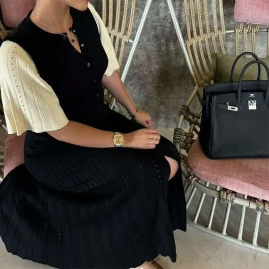 Vestido largo elegante de punto con patchwork para mujer, elegante vestido largo de manga corta con aberturas y canalé, cuello redondo, cintura alta, tejido de punto para mujer 